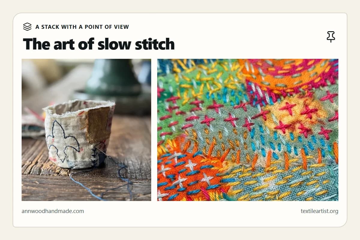 An illustrative slow-stitch collection pairing embroidered vessels and colorful textile art from public Tacks.