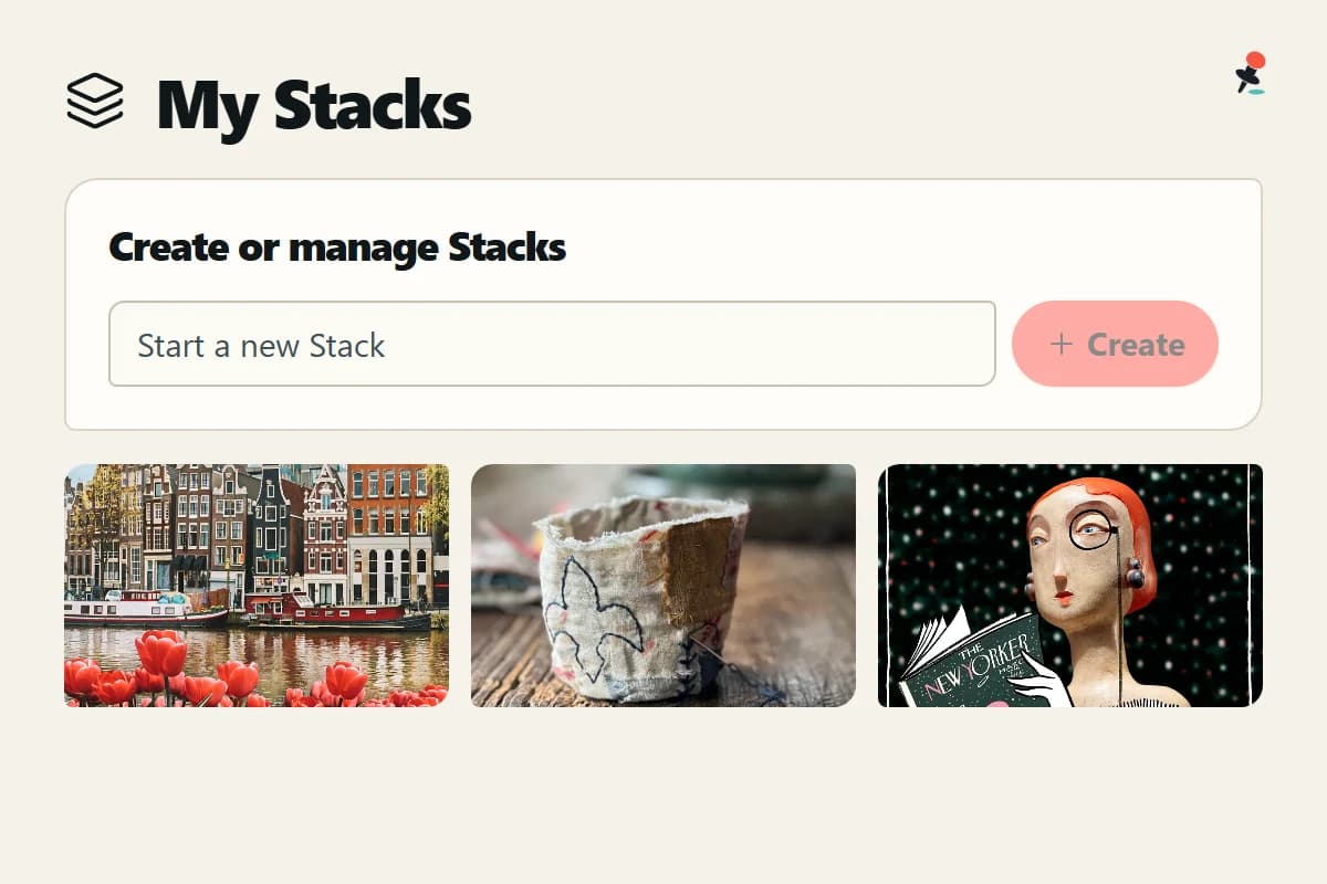 Tackologie’s My Stacks creation controls, with a new Stack name field and Create button.