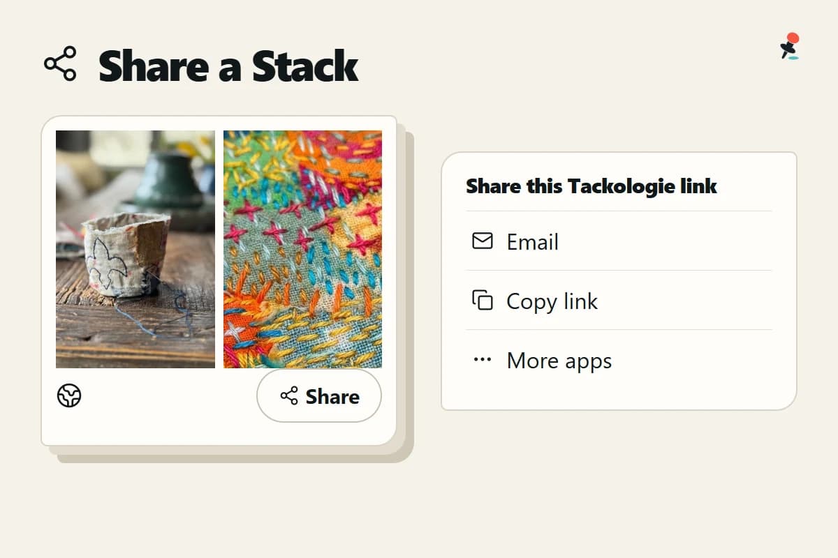 Editorial illustration of a Stack beside Tackologie’s Email, Copy link and More apps sharing options.