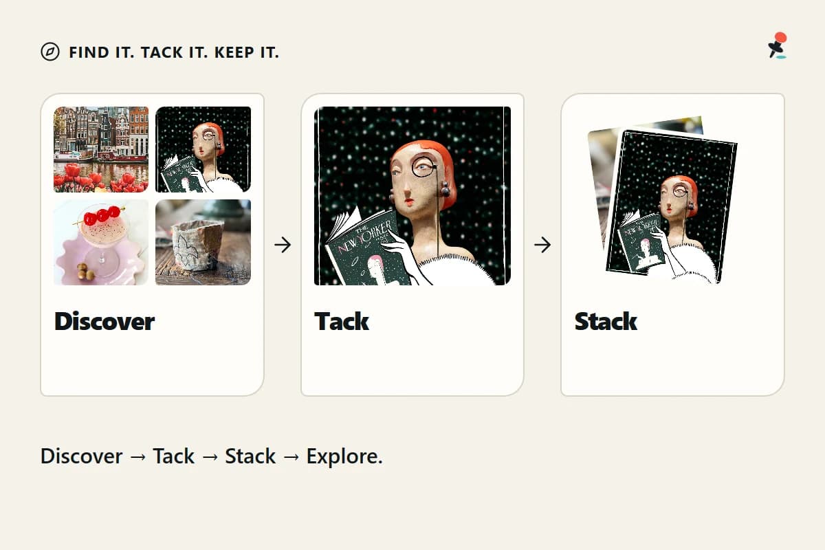 Editorial illustration of a Discover grid leading to one Tack and then a Stack.