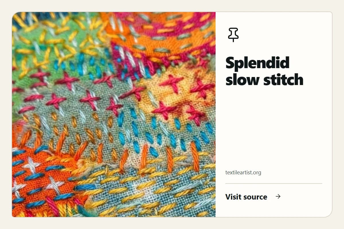 Colorful hand stitching from the Splendid slow stitch Tack, paired with its source.